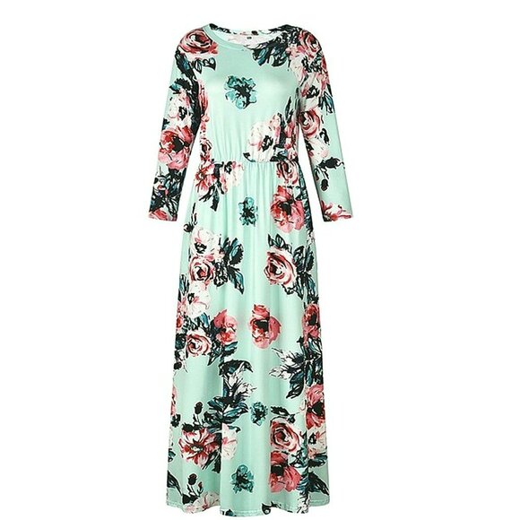 Bohemian Style Floral Print Gathered Waist Flowing Maxi Dress with Pockets L - Picture 6 of 7